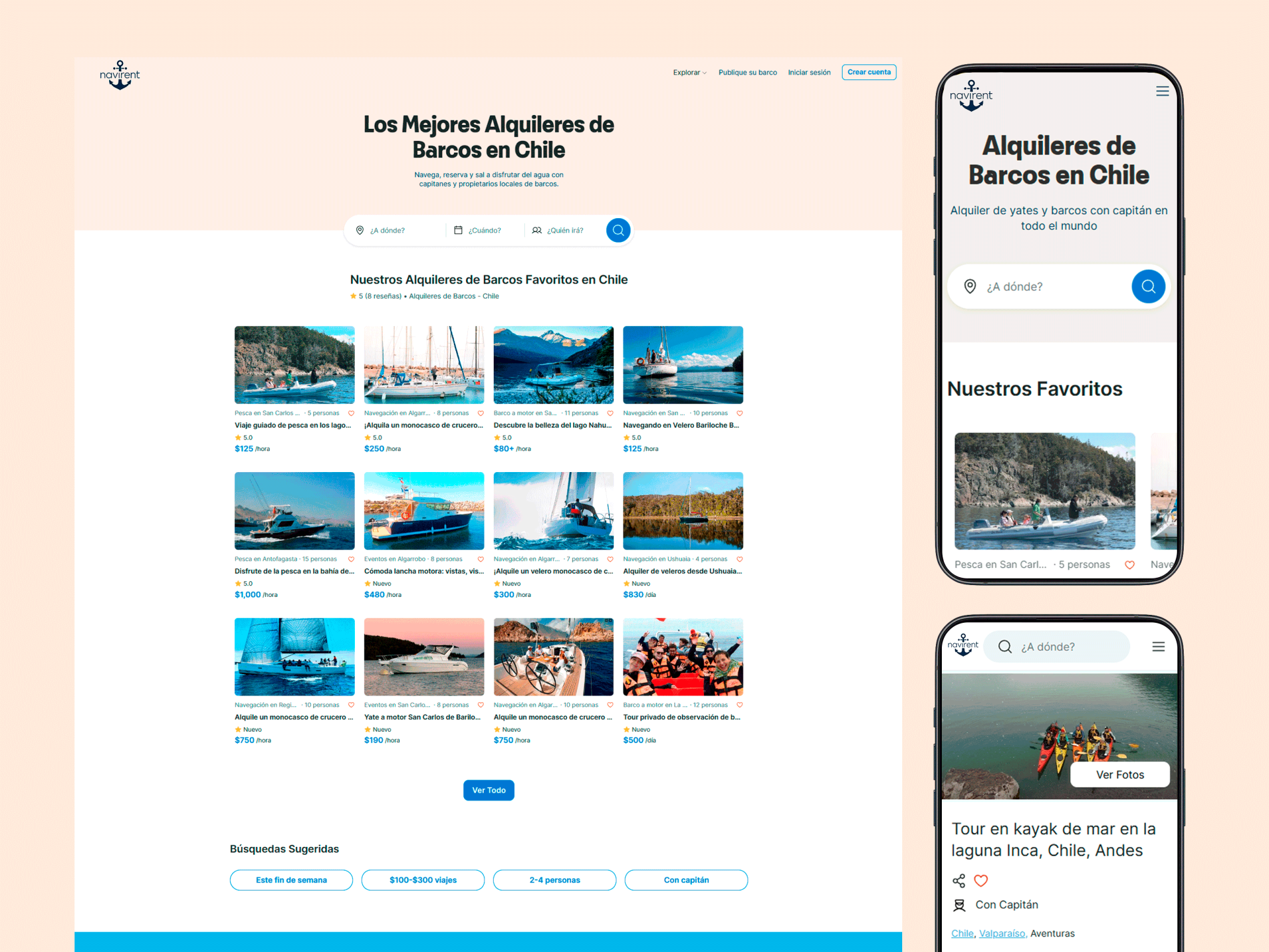 Experiencia de usuario multiplataforma para alquiler de embarcaciones - Desarrollo React.js Diseño responsive de NaviRent mostrando interfaz web y móvil de la plataforma de alquiler de barcos en Chile con listado de embarcaciones disponibles