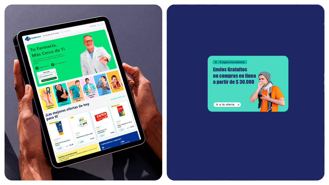 experiencia-movil-promociones-farmacia-digital Tableta mostrando la interfaz principal de MediMarket con ofertas de medicamentos y categorías de salud, junto a promoción de envíos gratuitos para compras de productos farmacéuticos en línea