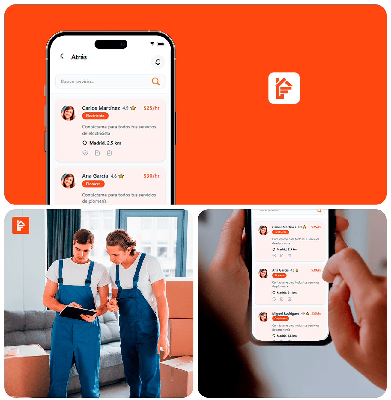 fastservice-geolocalizacion-profesionales-marketplace-servicios Interfaz de usuario de FastService mostrando geolocalización de profesionales cercanos como electricistas y plomeros, desarrollada con React Native