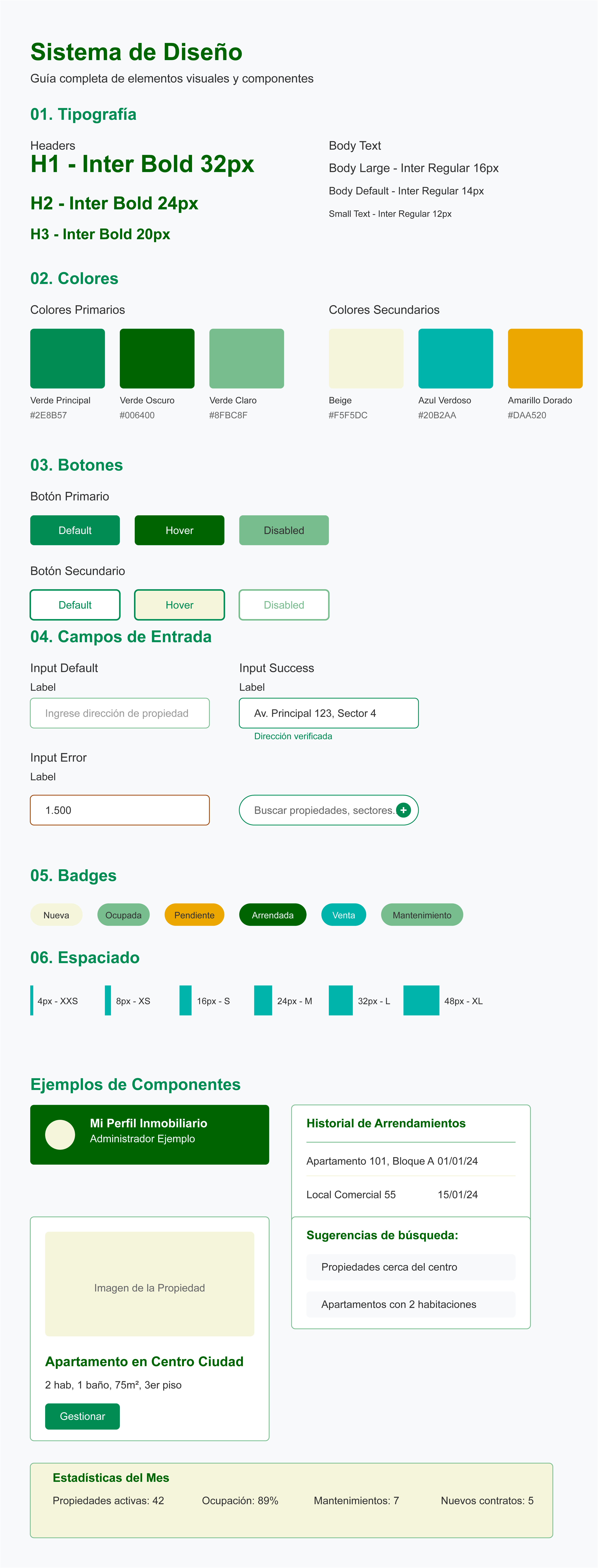 Sistema de Diseño de GestorPro: Guía Visual para Software de Administración Inmobiliaria Sistema de diseño para software inmobiliario GestorPro con tipografía, paleta de colores, botones, campos de entrada y componentes UI para gestión de propiedades