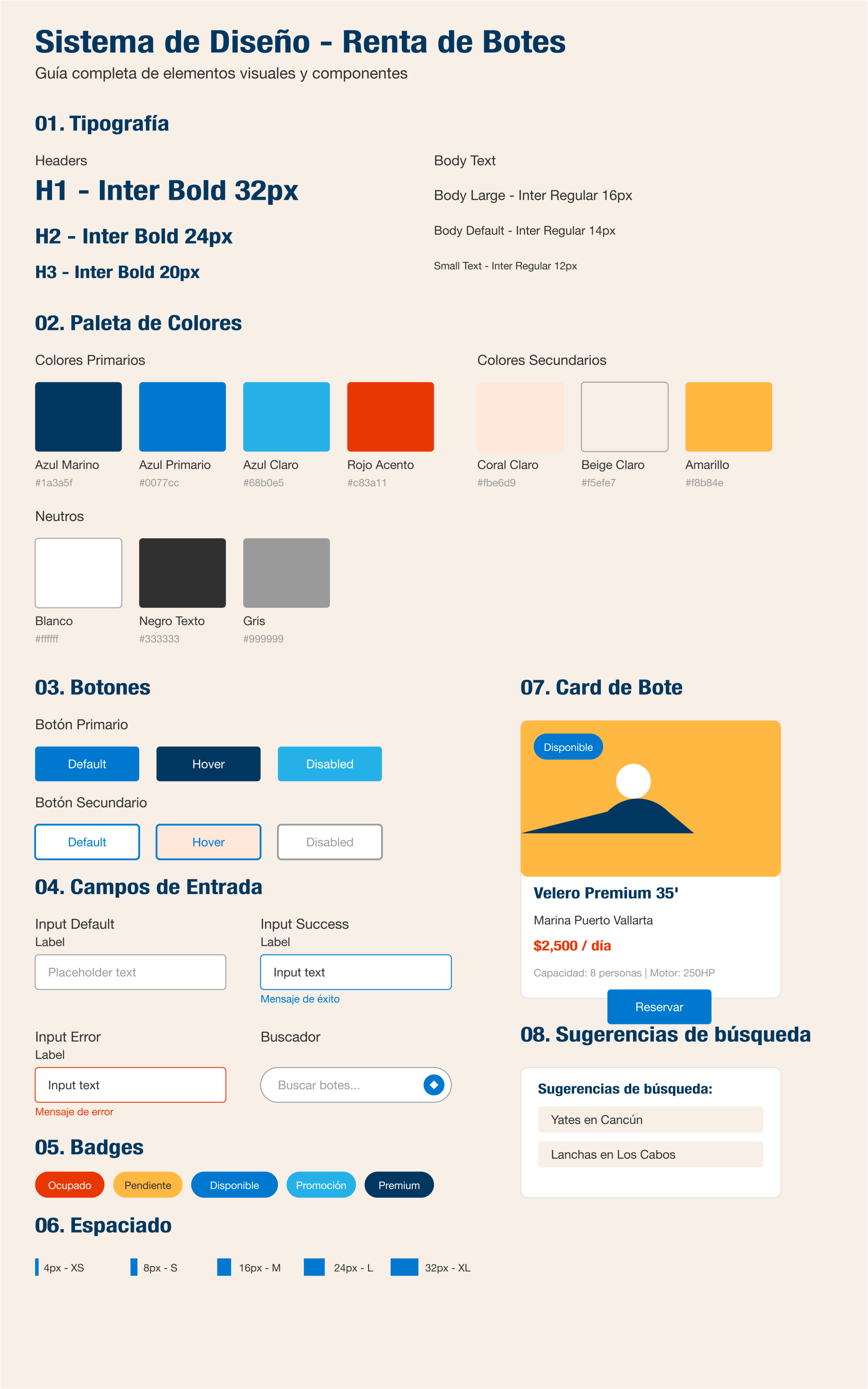 Sistema de diseño UX/UI para desarrollo web de plataforma náutica NaviRent Sistema de diseño UX/UI para plataforma de alquiler de embarcaciones con paleta de colores marítimos, tipografía, botones y componentes