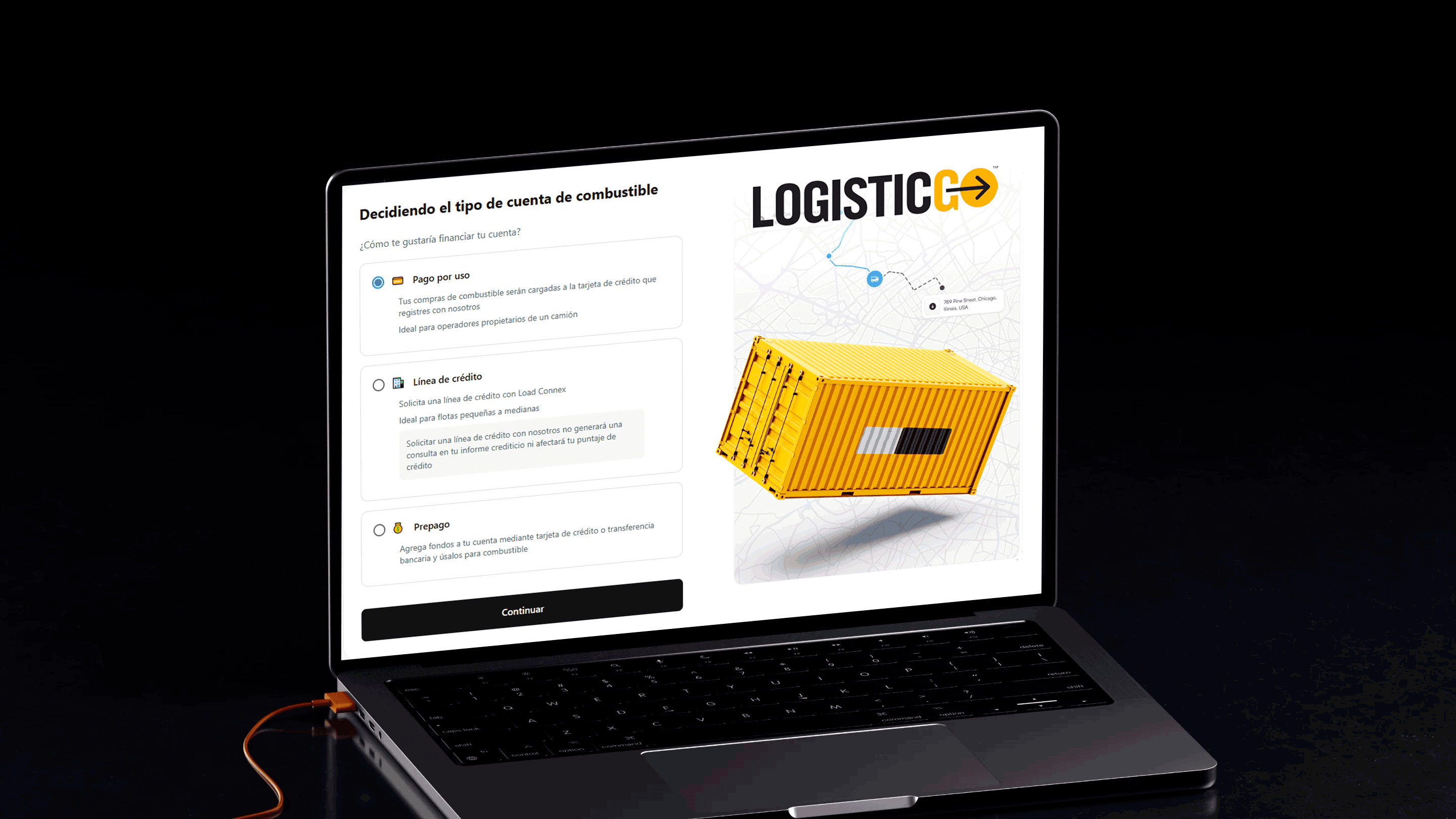 software-personalizado-transporte-financiamiento-combustible-logisticgo Interfaz de software personalizado transporte mostrando opciones de financiamiento de combustible para operadores logísticos con integración de mapas de tracking en tiempo real y gestión de cuentas