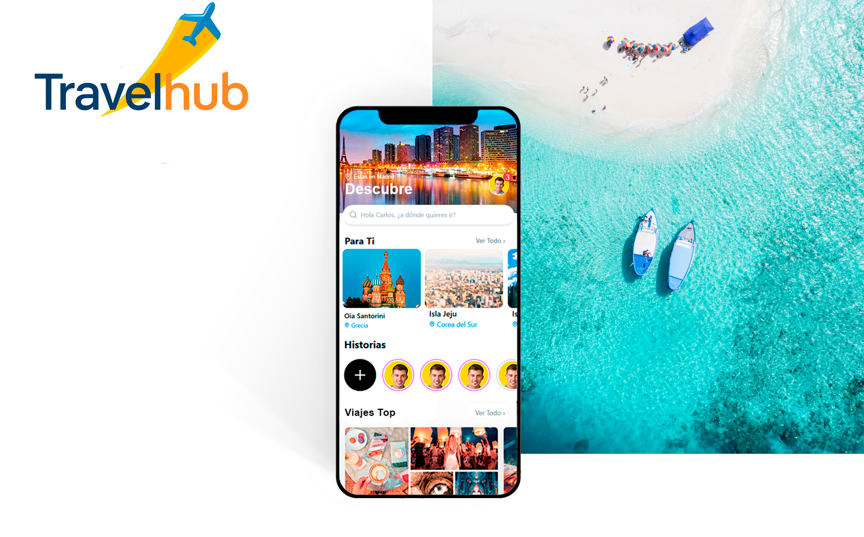 Aplicación móvil TravelHub: solución integral de planificación de viajes desarrollada con React Native TravelHub: Aplicación móvil de planificación de viajes integrada mostrando interfaz de usuario con destinos populares como Santorini y Jeju, junto a vistas aéreas de playa paradisíaca con aguas cristalinas.