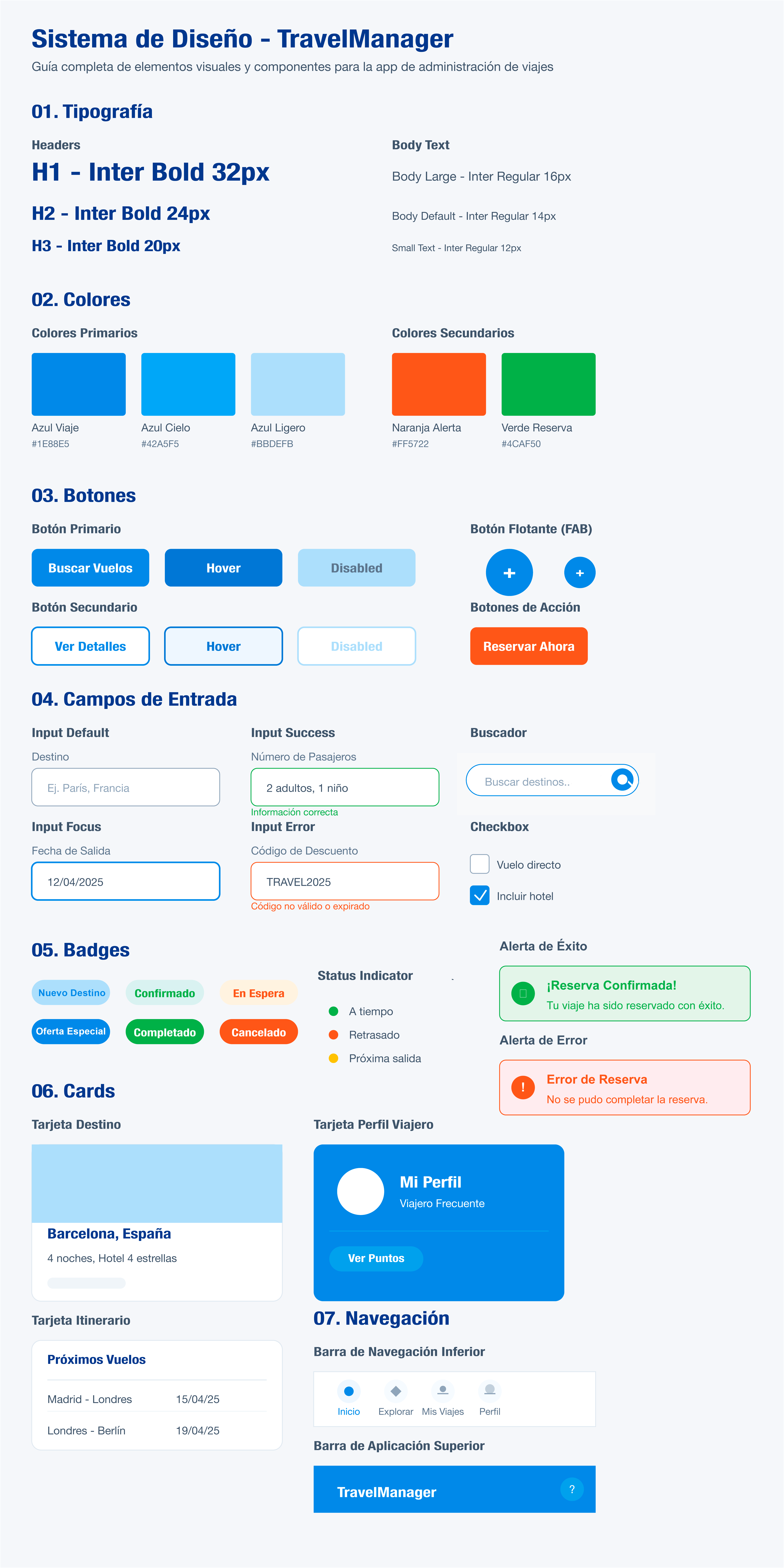 Design System UI/UX de TravelManager - Componentes y guía de estilo para desarrollo frontend Sistema de diseño UI/UX de TravelManager: componentes visuales para la aplicación de administración de viajes, incluyendo tipografía, paleta de colores, botones, campos de entrada y elementos de interfaz de usuario.