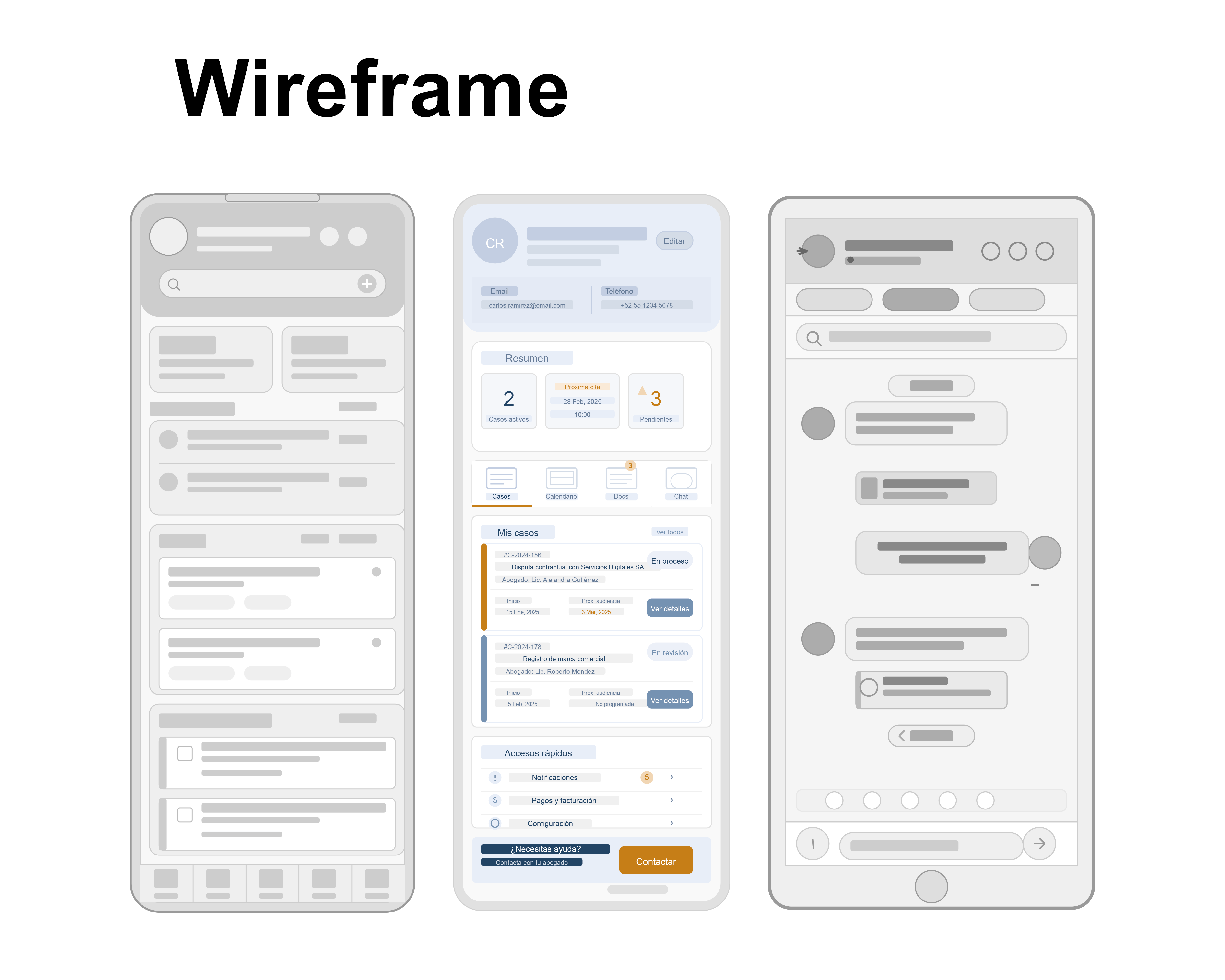 Wireframes de la aplicación móvil Tu Caso para gestión legal Wireframes de las principales pantallas de la aplicación móvil Tu Caso mostrando la estructura de navegación, elementos UI y organización de la información