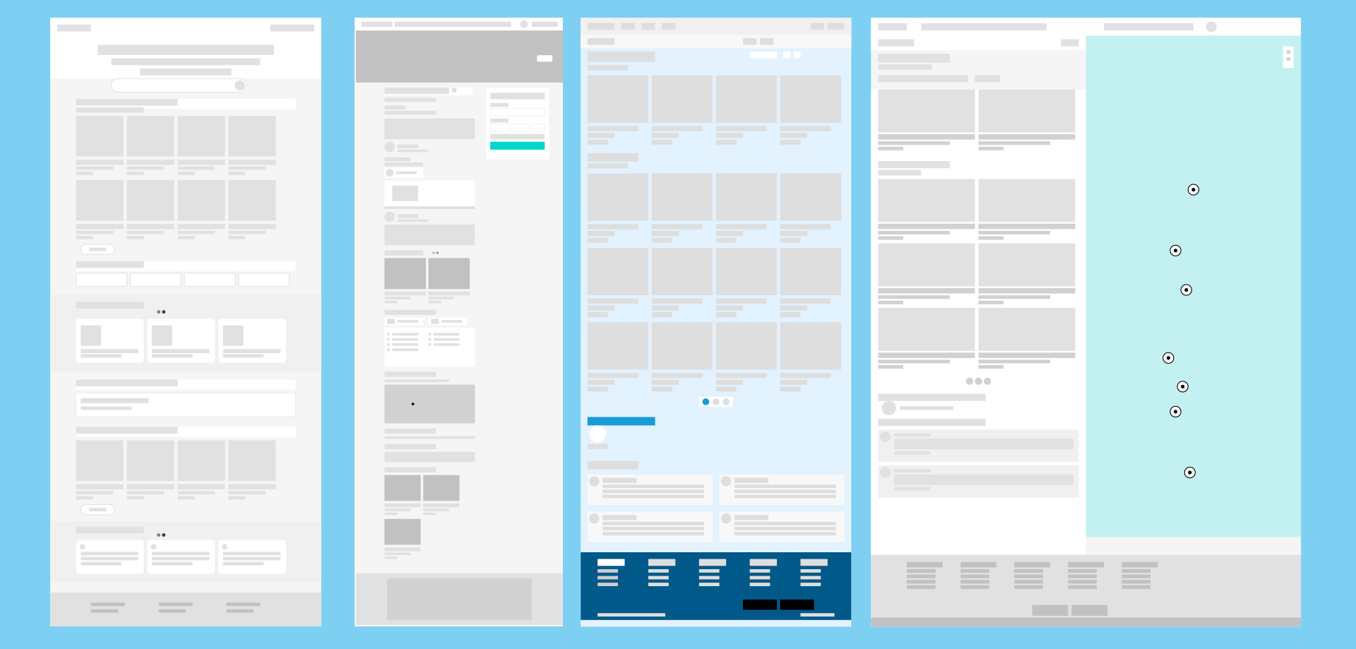 Wireframes de diseño UX para plataforma de alquiler de embarcaciones NaviRent Wireframes de diferentes páginas de la plataforma NaviRent mostrando arquitectura de información para listados, detalles y reservas de embarcaciones
